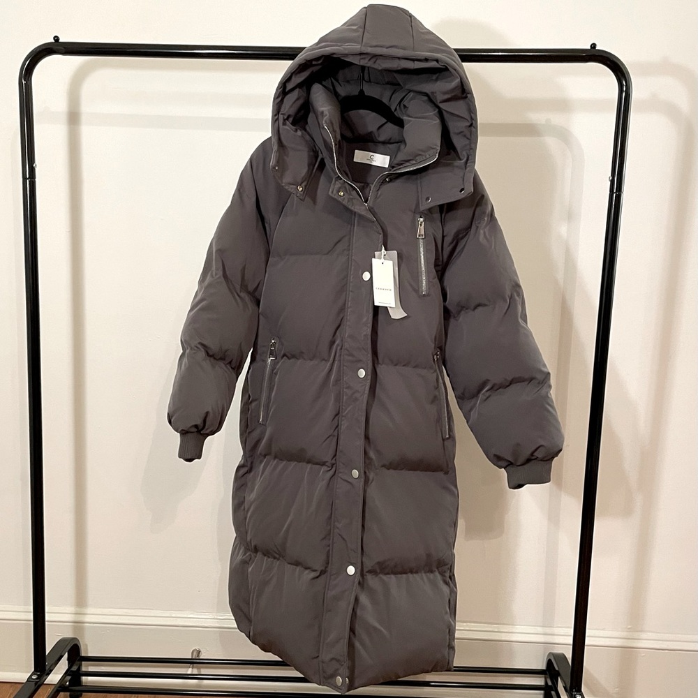 Commense Long Hooded Puffer Jacket, Gray, size S